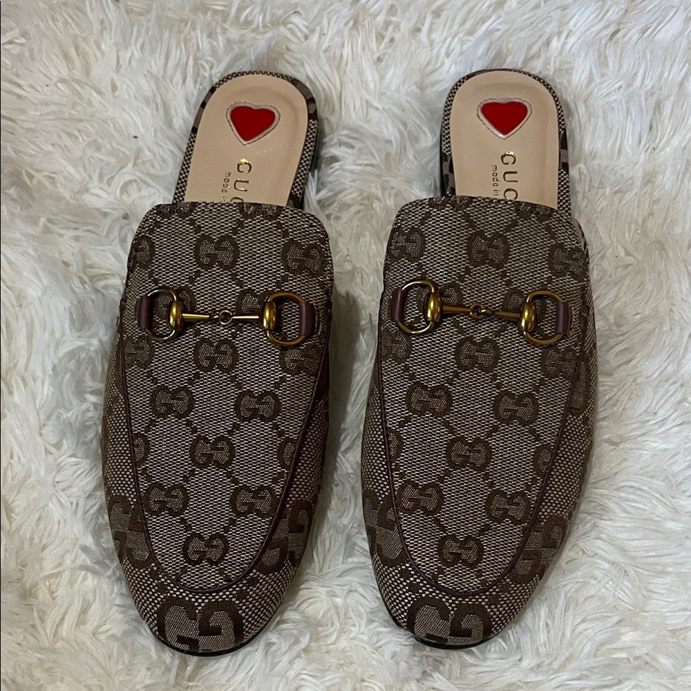 Gucci Brown Monogram Loafers with Gold Detail